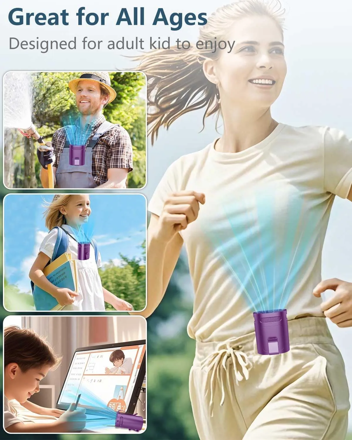 Portable Fan Rechargeable Waistband-Compact Lightweight Waist Fan Clip On Undershirt Pant Belt Pocket,Purple Noiseless Personal Cooling Fans Hangs for Your Neck,Waist Band Body AC for Woman Man Kid
