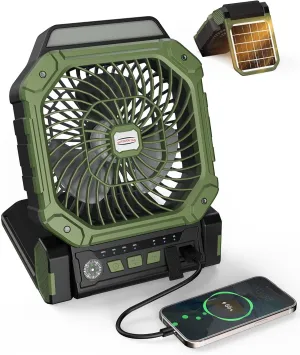 Portable Fan Rechargeable with Solar Panel, Battery Powered Fan with LED Lantern, 4 Speeds Wind Remote Control and 3 brightness levels with 2/4/8H Timer for Travel, Outdoor, Camping, Tent, Bedroom Solar-powered car fan for ventilation