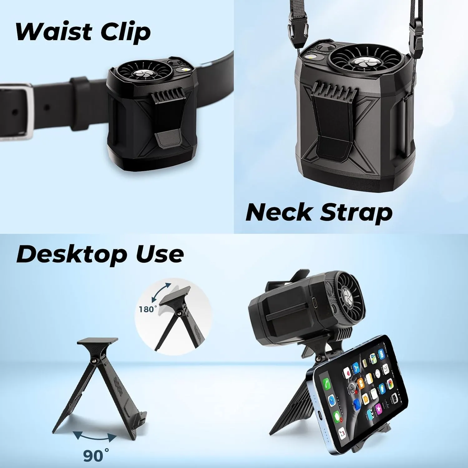 Portable Fan Rechargeable,4 Speeds Strong Airflow Small Fan Clip on Waist Under Shirt,Battery Powered,for Travel Camping Outdoor Jobsite,Camping Essentials-Black with Bracket