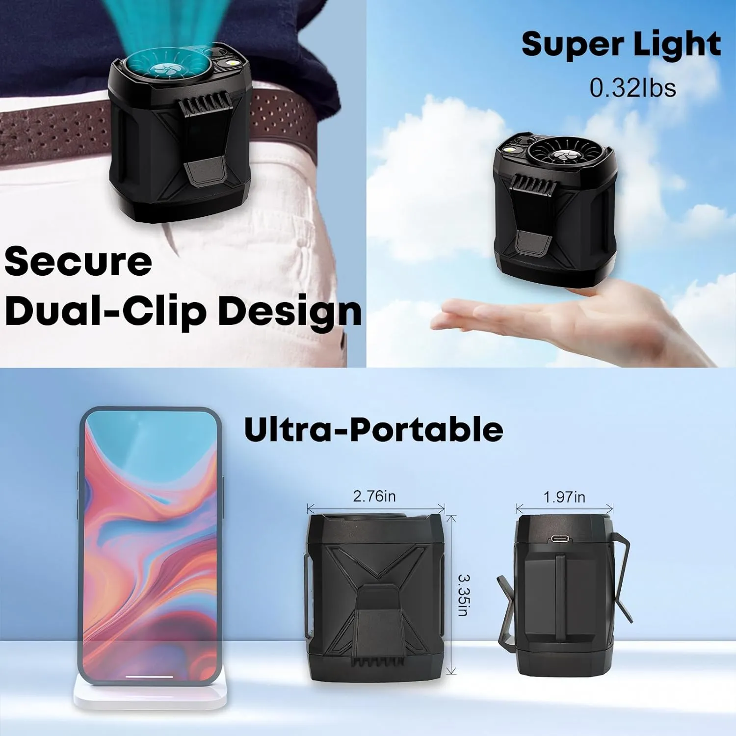 Portable Fan Rechargeable,4 Speeds Strong Airflow Small Neck Fan Clip on Waist Under Shirt,Battery Powered,for Travel Camping Outdoor Jobsite,Camping Essentials-Black