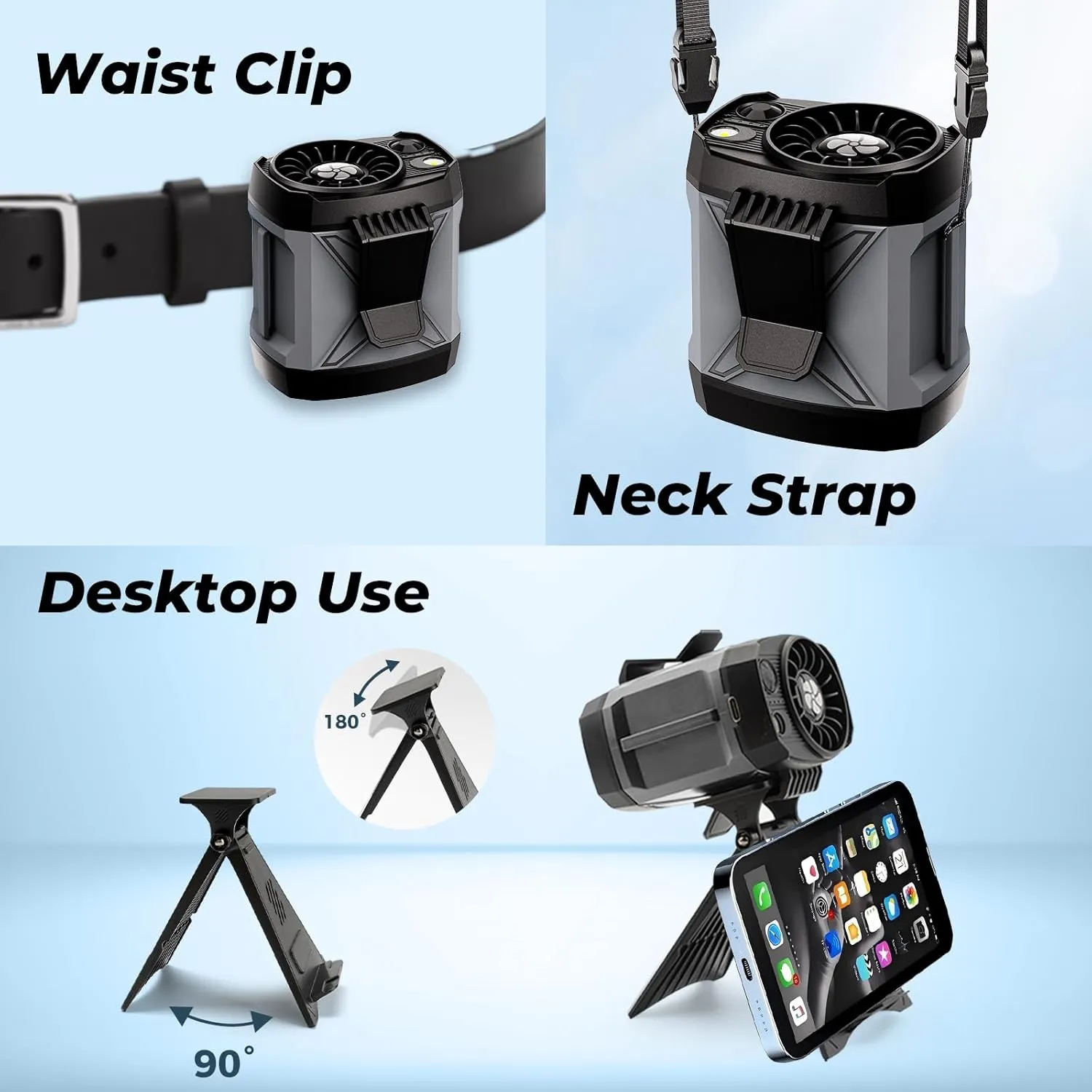 Portable Fan Rechargeable,4 Speeds Strong Airflow Small Neck Fan Clip on Waist Under Shirt,Battery Powered,for Travel Camping Outdoor Jobsite,Camping Essentials -Gray with Bracket