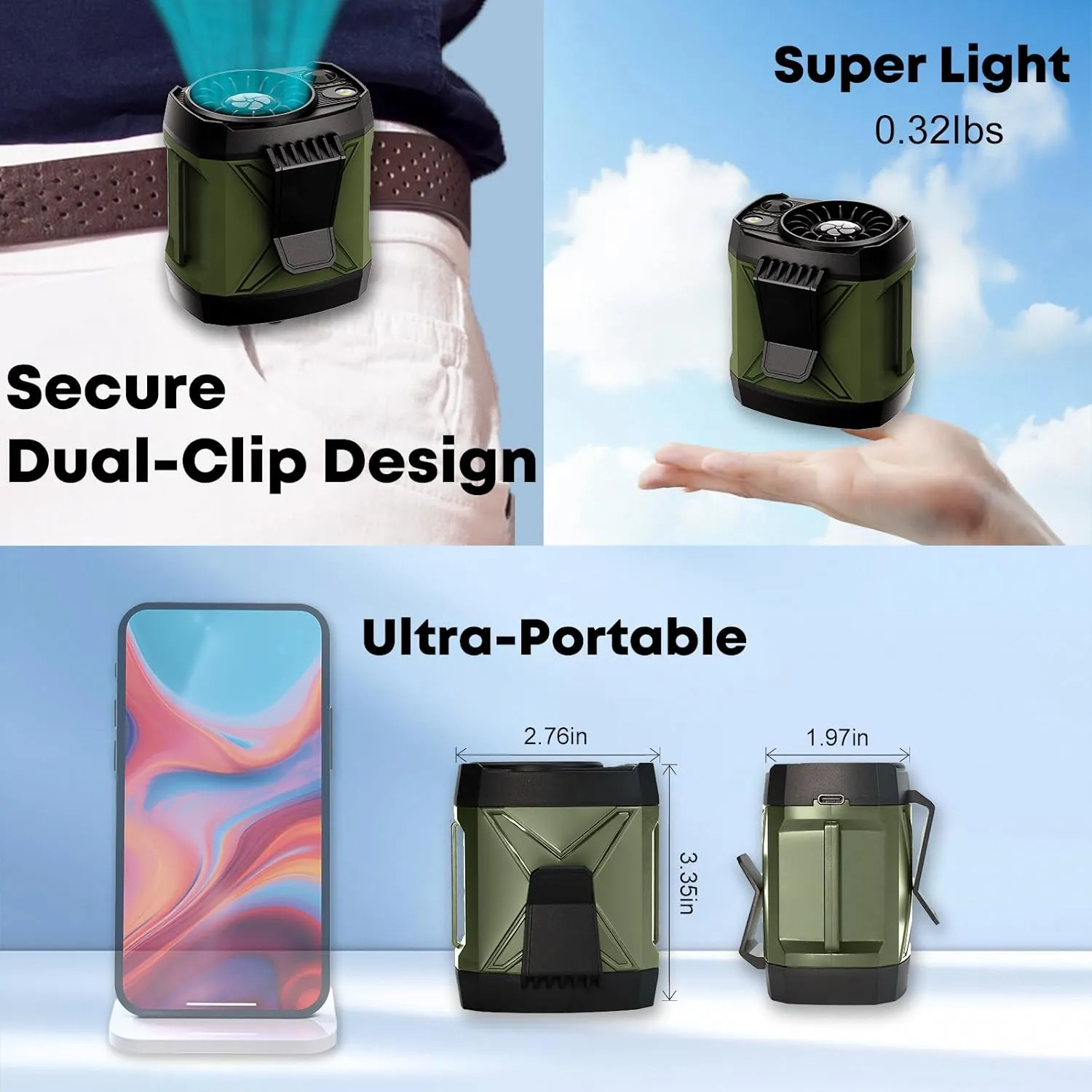 Portable Fan Rechargeable,4 Speeds Strong Airflow Small Neck Fan Clip on Waist Under Shirt,Battery Powered,for Travel Camping Outdoor Jobsite,Camping Essentials-Green