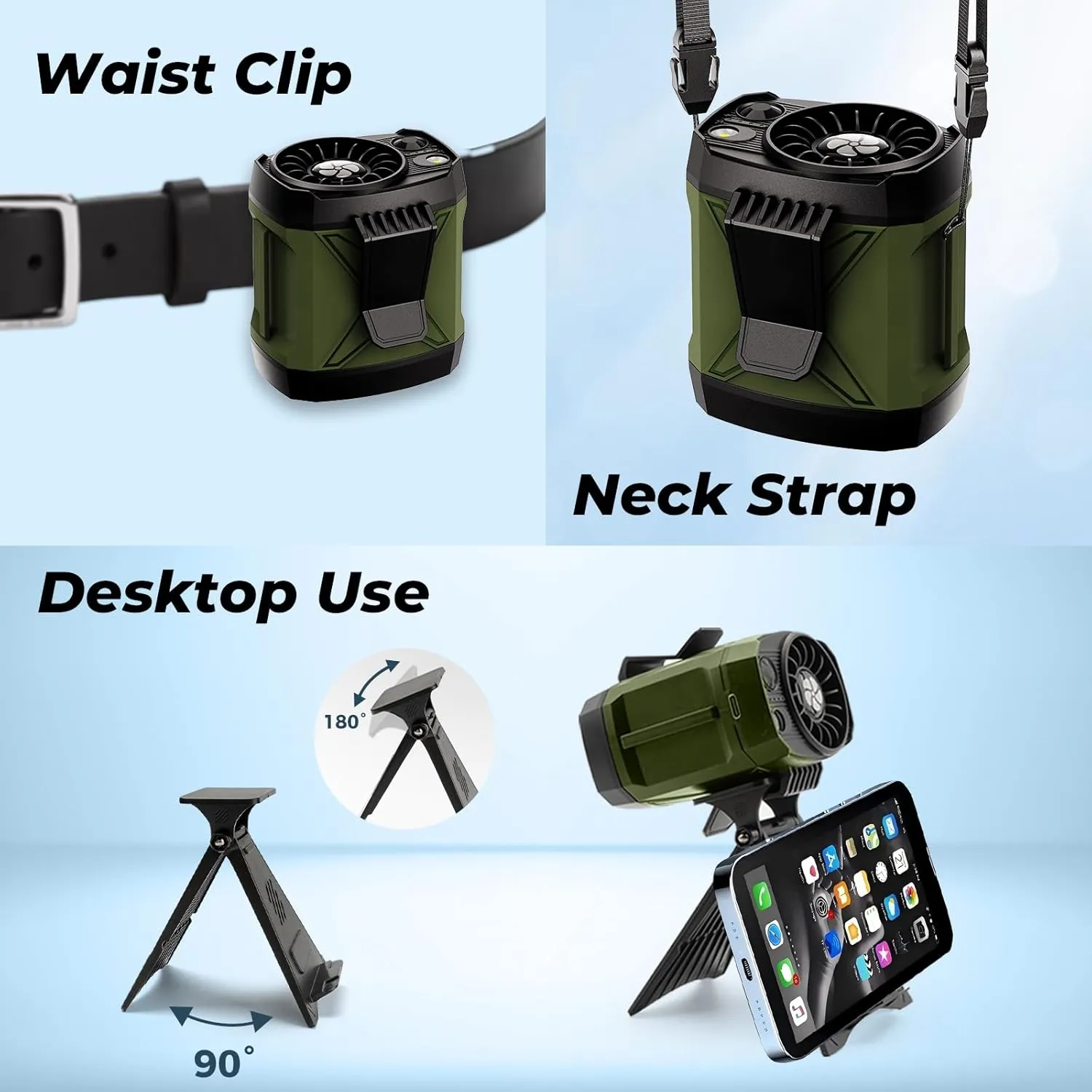 Portable Fan Rechargeable,4 Speeds Strong Airflowt,Battery Powered Mini Fan Clip on Waist Under Shirt,Neck Fan for Travel Camping Outdoor Jobsite,Personal Wearable-Green with Bracket