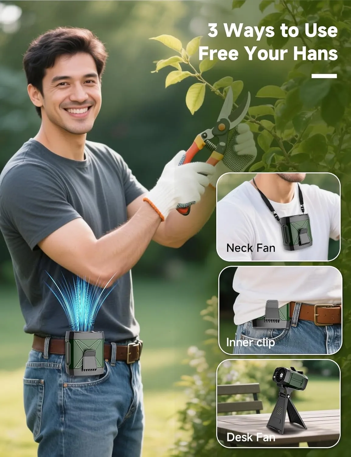 Portable Fan Rechargeable,4 Speeds Strong Airflowt,Battery Powered Mini Fan Clip on Waist Under Shirt,Neck Fan for Travel Camping Outdoor Jobsite,Personal Wearable-Green with Bracket