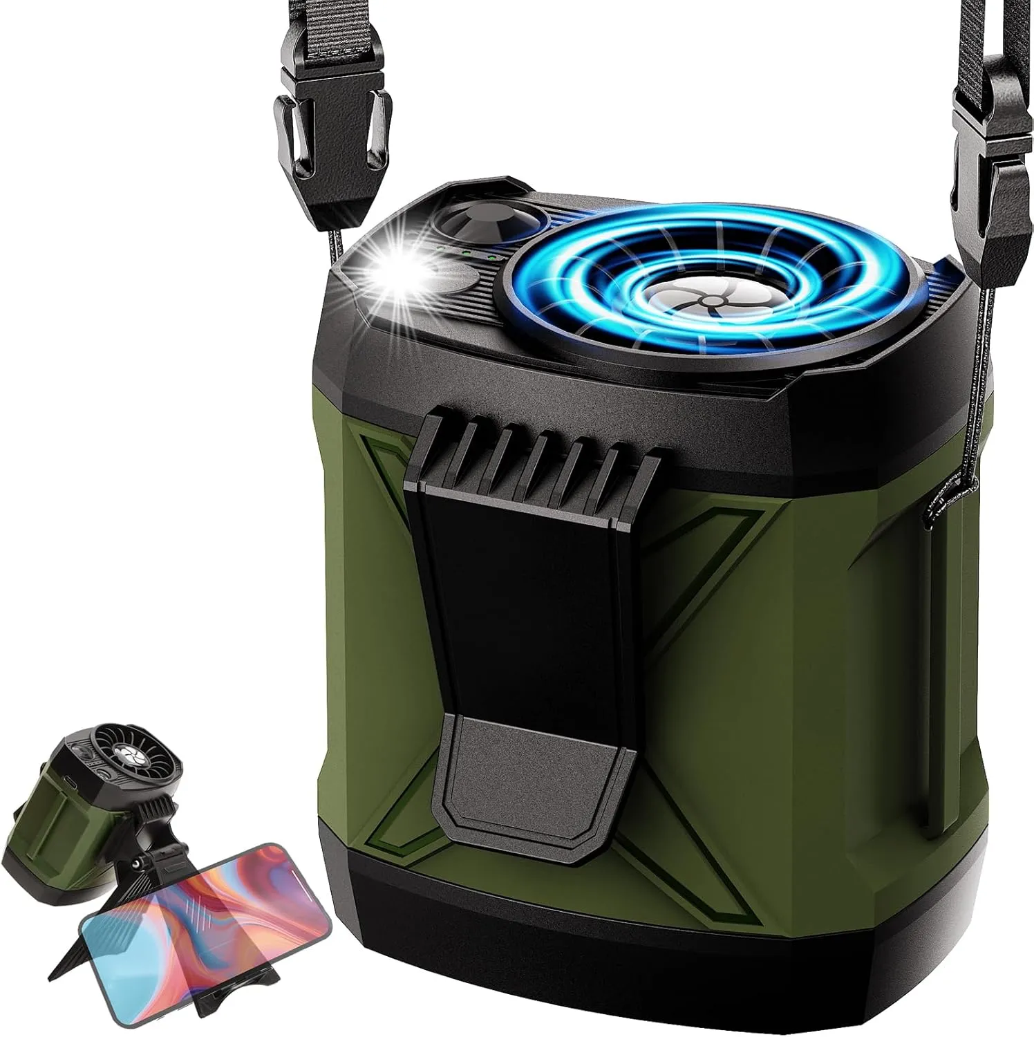 Portable Fan Rechargeable,4 Speeds Strong Airflowt,Battery Powered Mini Fan Clip on Waist Under Shirt,Neck Fan for Travel Camping Outdoor Jobsite,Personal Wearable-Green with Bracket Waist-mounted portable fan for outdoor use