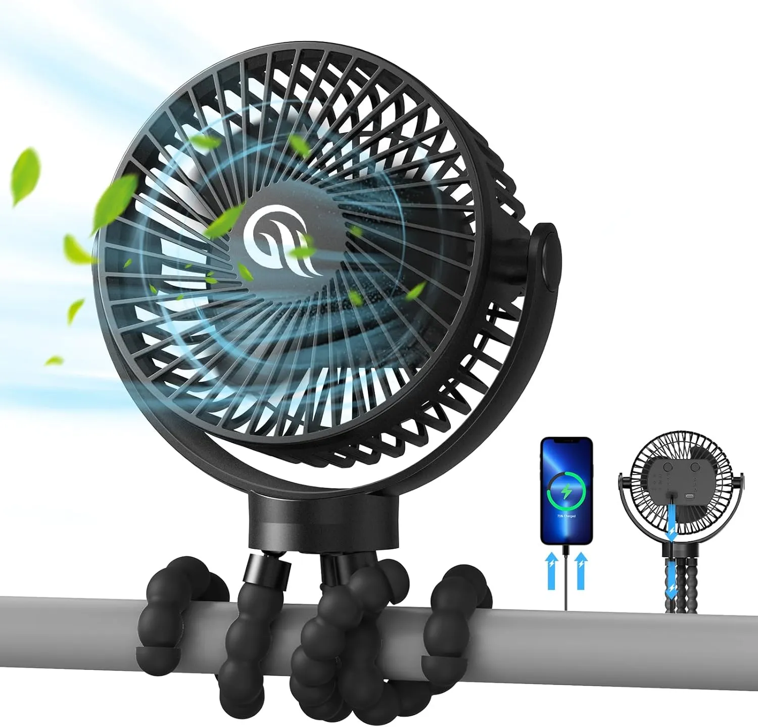 Portable Fan, Stroller Fan 60Hrs 12000mAh Battery Operated Fans USB Rechargeable Small Fan for Bedroom, Desk, Personal Handheld, Clip on Fan for Baby Stroller, Travel, Car Seat, Peloton, Bed, Camping Octopus-shaped decorative fan