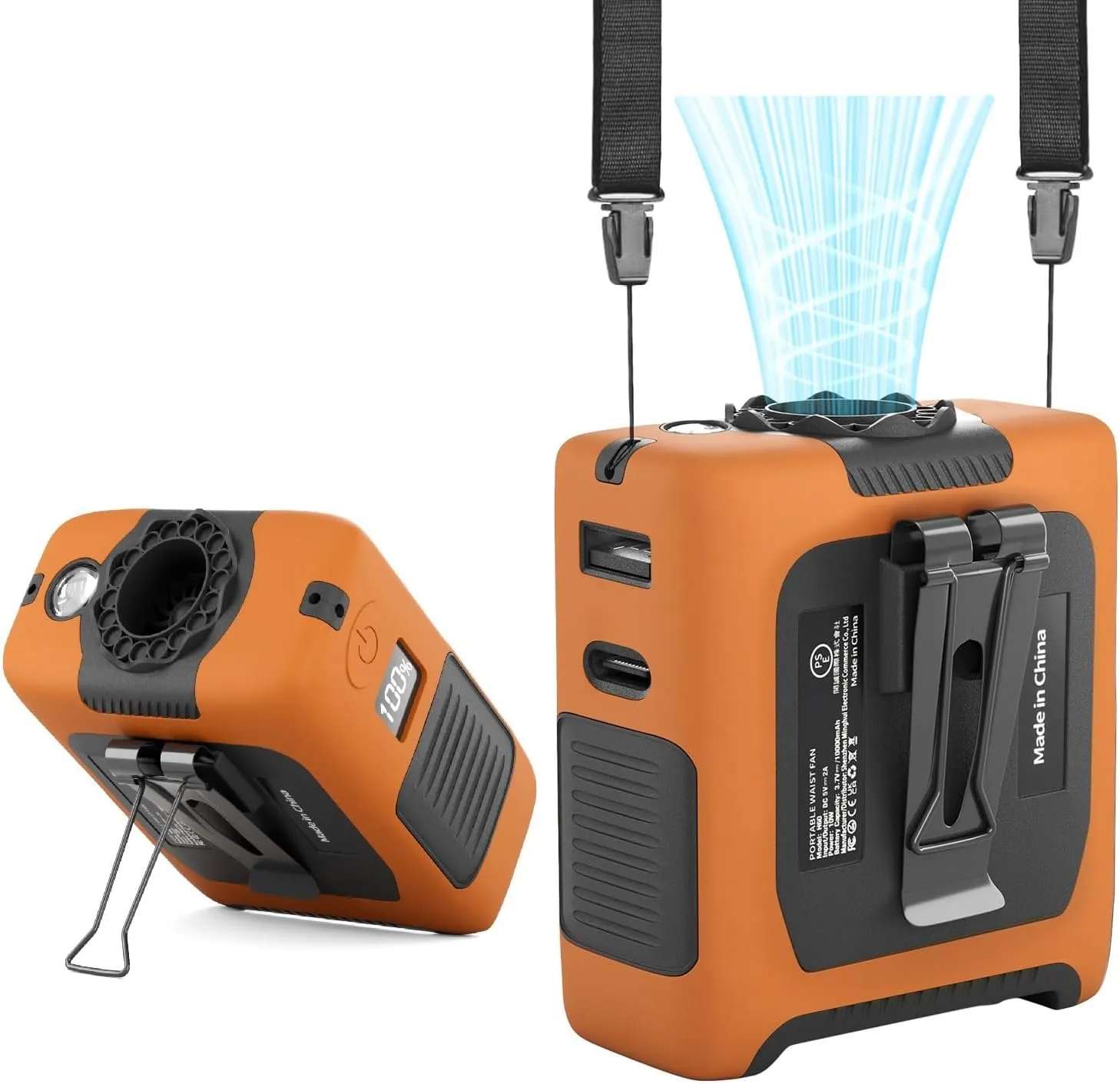 Portable Fan Wearable Personal Fan with 5 Speed Max 55 Working Hours Low Noise Portable Neck Fans Cooling Waist Fans for Camping Traveling LED Light Power Display 10000mAh Power Bank(Orange) Waist-mounted portable fan for outdoor use