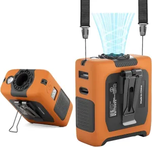 Portable Fan Wearable Personal Fan with 5 Speed Max 55 Working Hours Low Noise Portable Neck Fans Cooling Waist Fans for Camping Traveling LED Light Power Display 10000mAh Power Bank(Orange) Waist-mounted portable fan for outdoor use