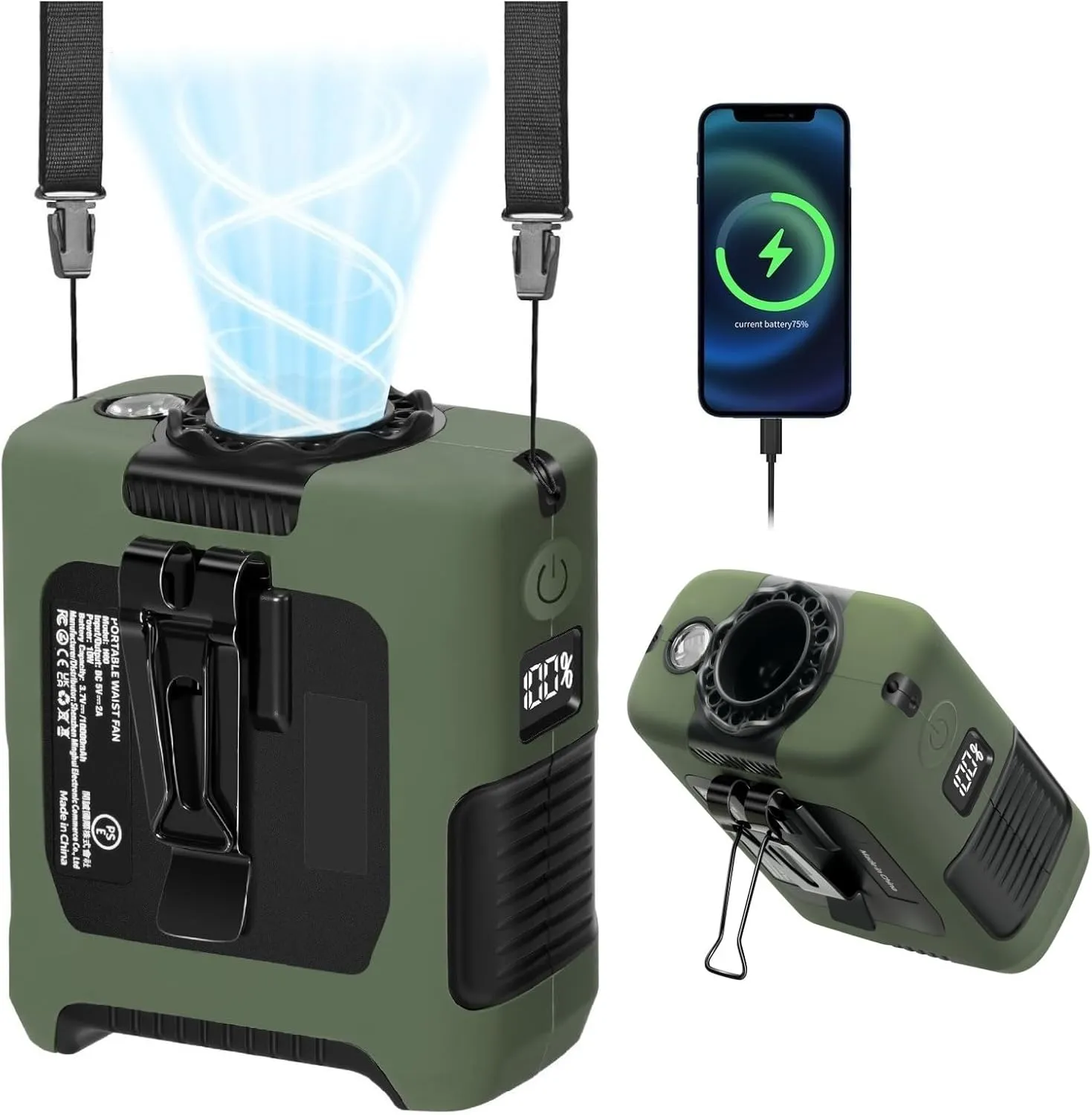Portable Fan Wearable Personal Fan with 5 Speed Max 55 Working Hours Low Noise Portable Neck Fans Cooling Waist Fans for Camping Traveling LED Power Display 10000mAh Rechargeable (Dark Green) Waist-mounted portable fan for outdoor use