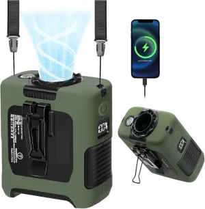 Portable Fan Wearable Personal Fan with 5 Speed Max 55 Working Hours Low Noise Portable Neck Fans Cooling Waist Fans for Camping Traveling LED Power Display 10000mAh Rechargeable (Dark Green) Waist-mounted portable fan for outdoor use