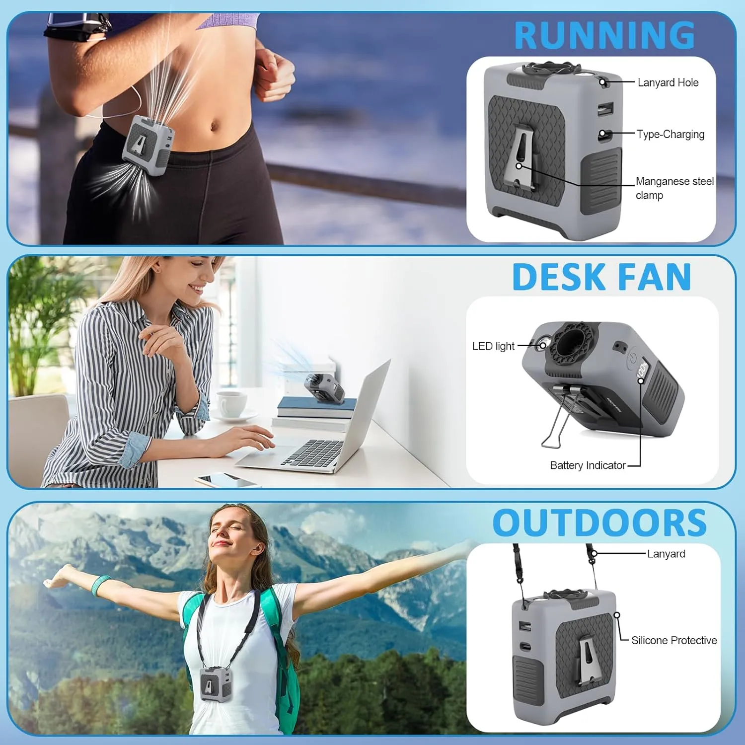 Portable Fan Wearable Personal Fan with 5 Speed Max 55 Working Hours Low Noise Portable Neck Fans Cooling Waist Fans for Camping Traveling LED Power Display 10000mAh Rechargeable (Gray)