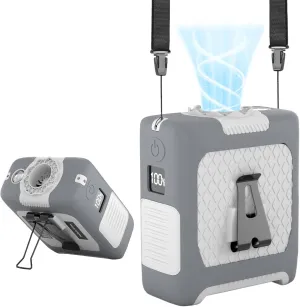 Portable Fan Wearable Personal Fan with 5 Speed Max 55 Working Hours Low Noise Portable Neck Fans Cooling Waist Fans for Camping Traveling LED Power Display 10000mAh Rechargeable (White and Gray) Waist-mounted portable fan for outdoor use