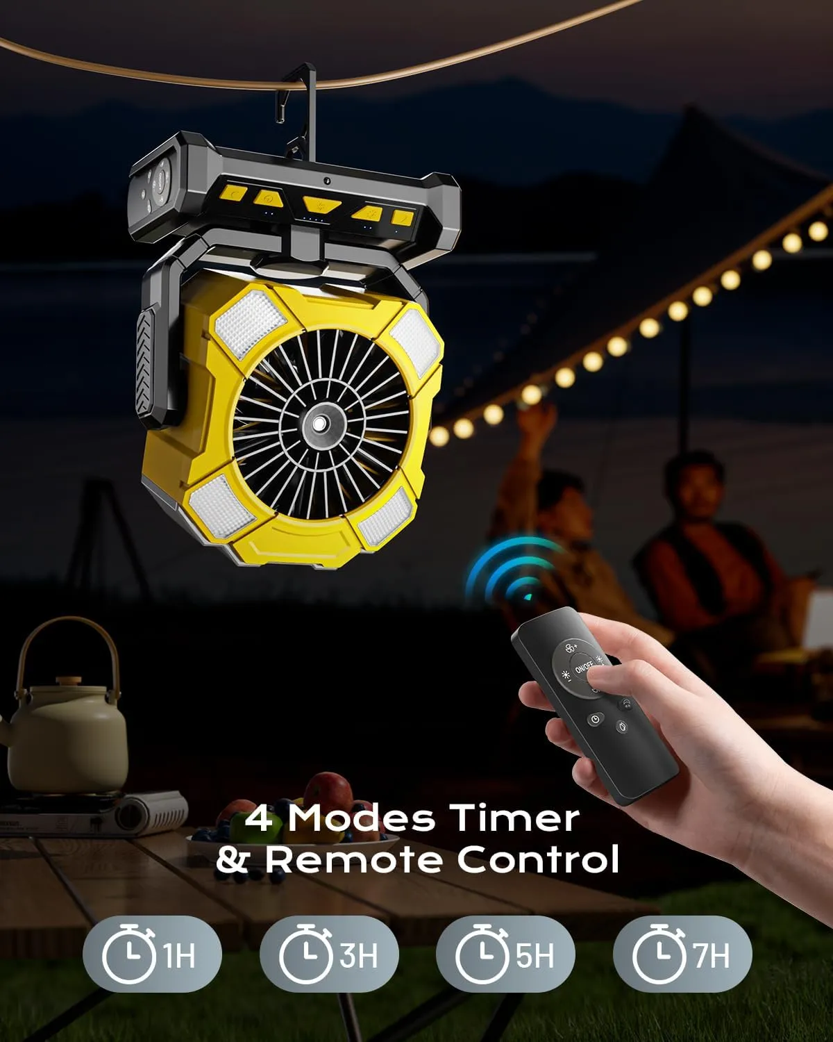 Portable Fan with Misting & 24000mAh Battery - 80H Runtime, 7m 16ft Mist, Ultra Quiet 4-Speed Camping Fan for Outdoor Indoor, Remote & 300mL Tank-Yellow