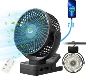 Portable Fan with Remote Control & Timer & LED Lights, 60hrs 12000mAh USB Rechargeable BatteryClamp/Hanging/Stand Up, Small Clip on Fan for Baby Stroller, Bed, Desk, Camping Tent, Travel Battery-powered portable fan