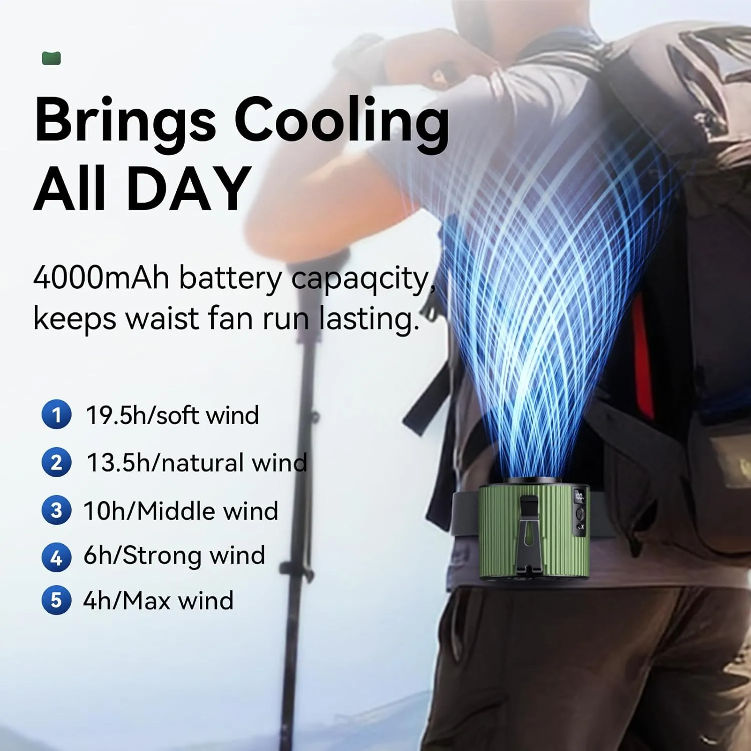 Portable Fan,Rechargeable Waist Fans,11000RPM Strong Airflow Mini Wearable Belt Fan,5 Speed,Personal Clip Waist Fans for Outdoor,Camping,Jobsite,Fishing,Travel (K20-Green)