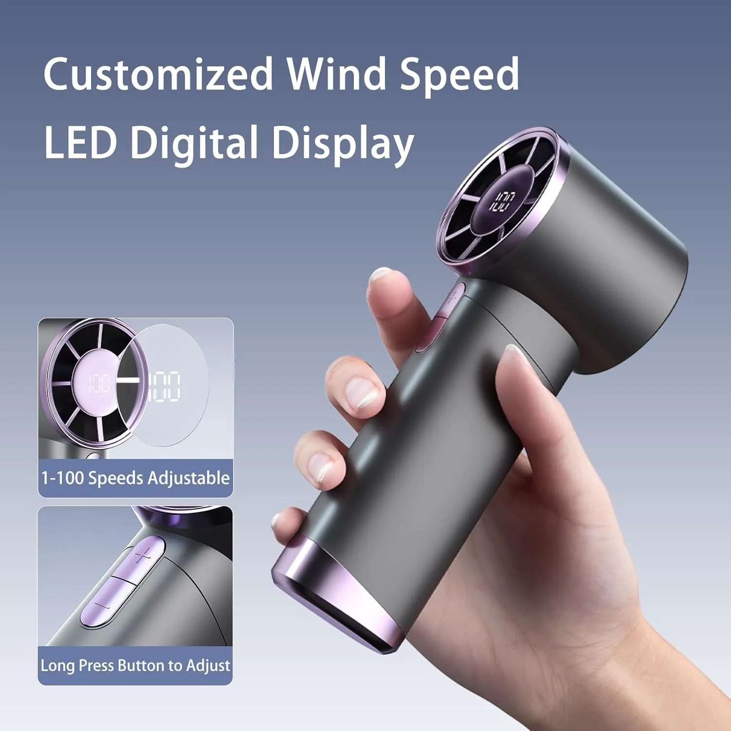 Portable Handheld Fan, 1-100 Speeds Adjustable Turbo Mini Fan with LED Display, Rechargeable Ice Cooling Personal Fan, Metal Shell with lanyard, Gifts for Women Men Indoor Outdoor Travel