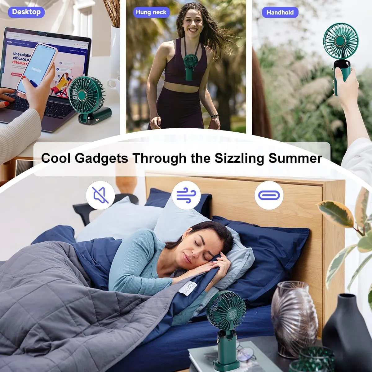 Portable Handheld Fan, 12 hours, Upgrade 3200mAh Mini Fan Handheld with LED Display, 90 Foldable, 5 Speed Wind,Hand Held/Neck/Desk 3 in 1 Hand Held Fans, Makeup Fans for Women (Green)