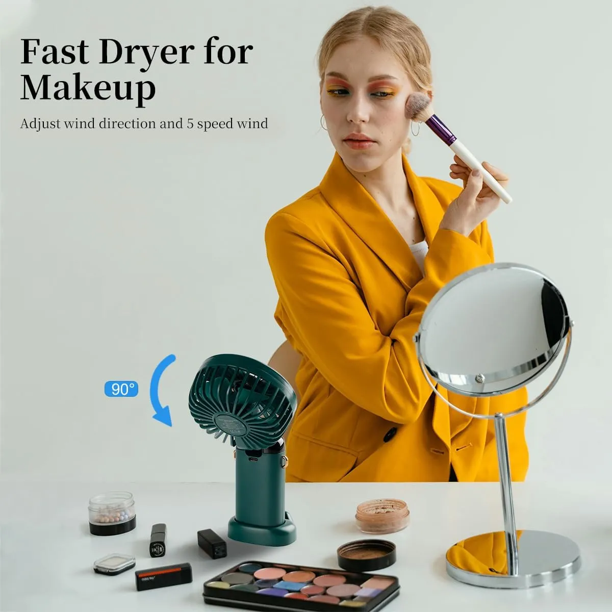 Portable Handheld Fan, 12 hours, Upgrade 3200mAh Mini Fan Handheld with LED Display, 90 Foldable, 5 Speed Wind,Hand Held/Neck/Desk 3 in 1 Hand Held Fans, Makeup Fans for Women (Green)