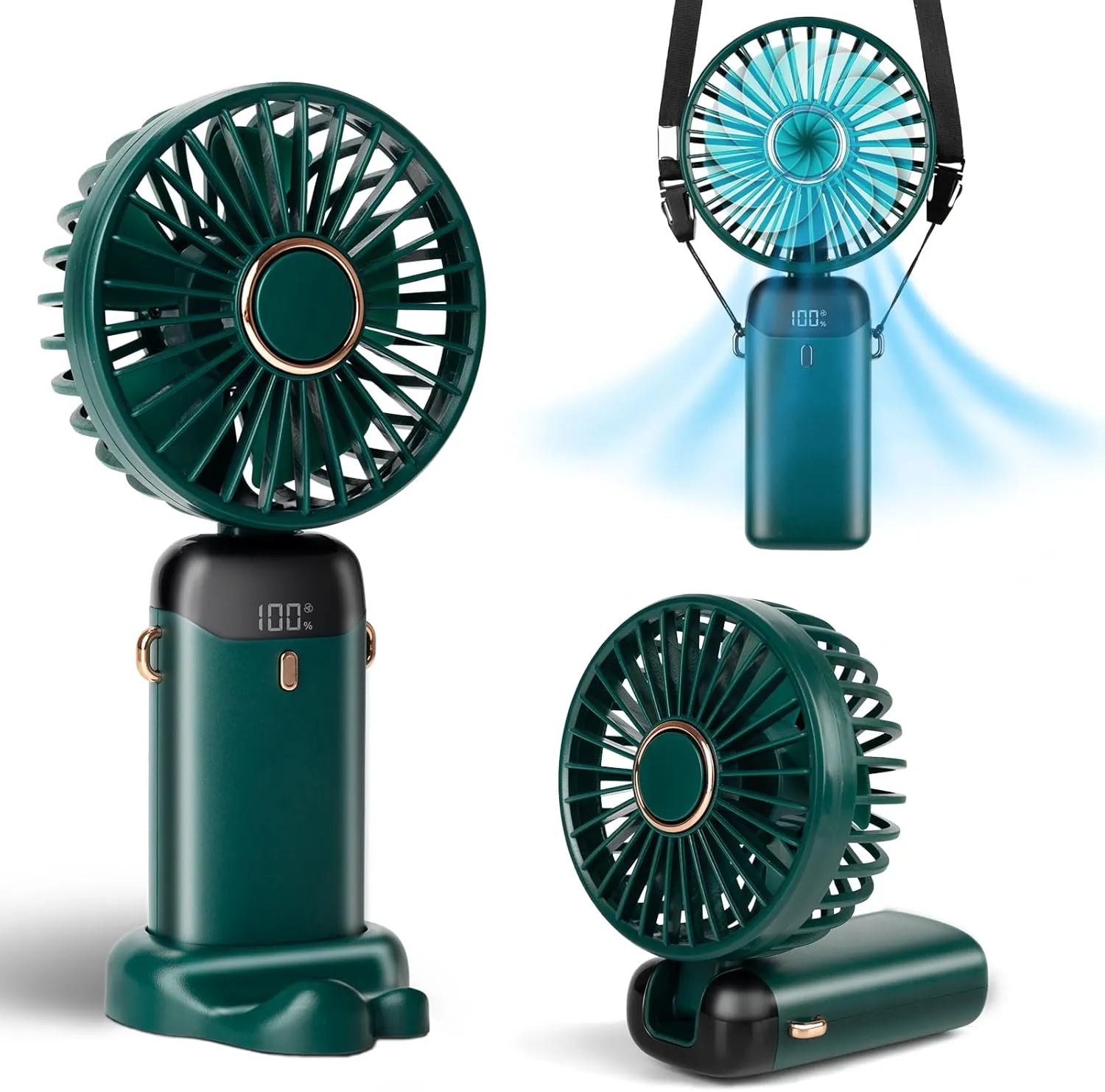 Portable Handheld Fan, 12 hours, Upgrade 3200mAh Mini Fan Handheld with LED Display, 90 Foldable, 5 Speed Wind,Hand Held/Neck/Desk 3 in 1 Hand Held Fans, Makeup Fans for Women (Green) Neck fan for hands-free comfort