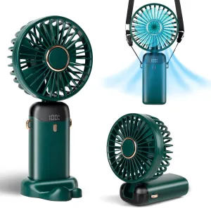 Portable Handheld Fan, 12 hours, Upgrade 3200mAh Mini Fan Handheld with LED Display, 90 Foldable, 5 Speed Wind,Hand Held/Neck/Desk 3 in 1 Hand Held Fans, Makeup Fans for Women (Green) Neck fan for hands-free comfort