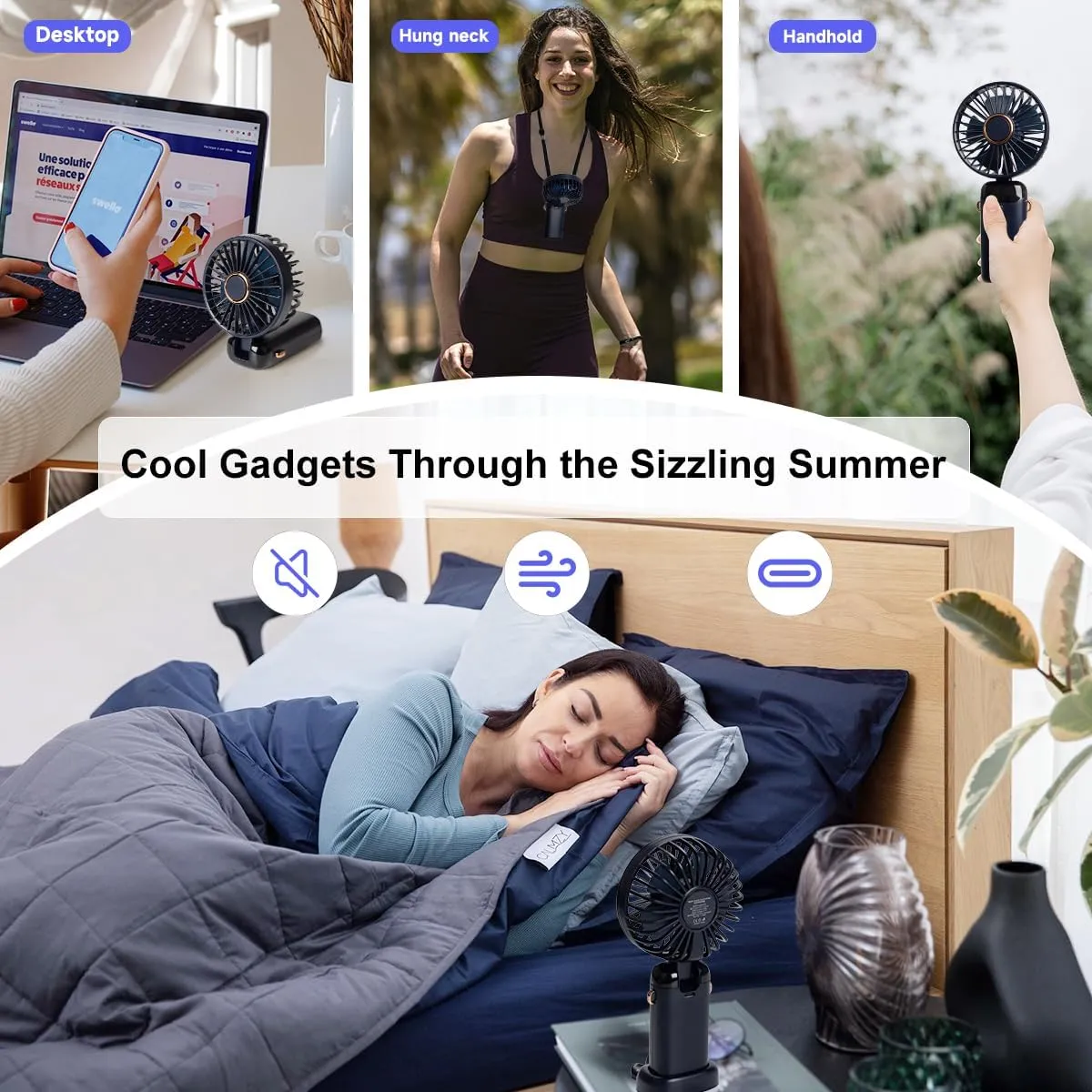 Portable Handheld Fan, 12 hours, Upgrade 3200mAh Portable Fan with LED Display, 90 Foldable, 5 Speed Wind,Hand Held/Neck/Desk 3 in 1 Personal Small Fans, Makeup Fans for Women (Dark Blue)