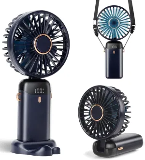 Portable Handheld Fan, 12 hours, Upgrade 3200mAh Portable Fan with LED Display, 90 Foldable, 5 Speed Wind,Hand Held/Neck/Desk 3 in 1 Personal Small Fans, Makeup Fans for Women (Dark Blue) Neck fan for hands-free comfort