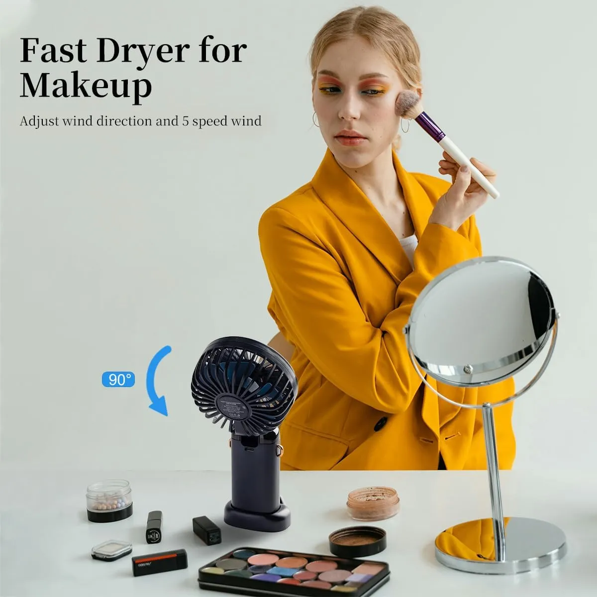 Portable Handheld Fan, 12 hours, Upgrade 3200mAh Portable Fan with LED Display, 90 Foldable, 5 Speed Wind,Hand Held/Neck/Desk 3 in 1 Personal Small Fans, Makeup Fans for Women (Dark Blue)