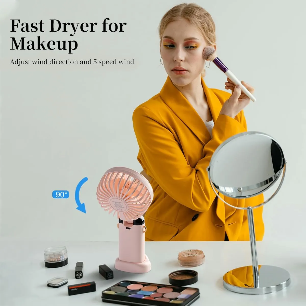 Portable Handheld Fan, 12 hours, Upgrade 3200mAh Portable Fan with LED Display, 90 Foldable, 5 Speed Wind,Hand Held/Neck/Desk 3 in 1 Personal Small Fans, Makeup Fans for Women (Pink)