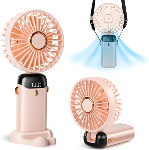 Portable Handheld Fan, 12 hours, Upgrade 3200mAh Portable Fan with LED Display, 90 Foldable, 5 Speed Wind,Hand Held/Neck/Desk 3 in 1 Personal Small Fans, Makeup Fans for Women (Pink) Neck fan for hands-free comfort