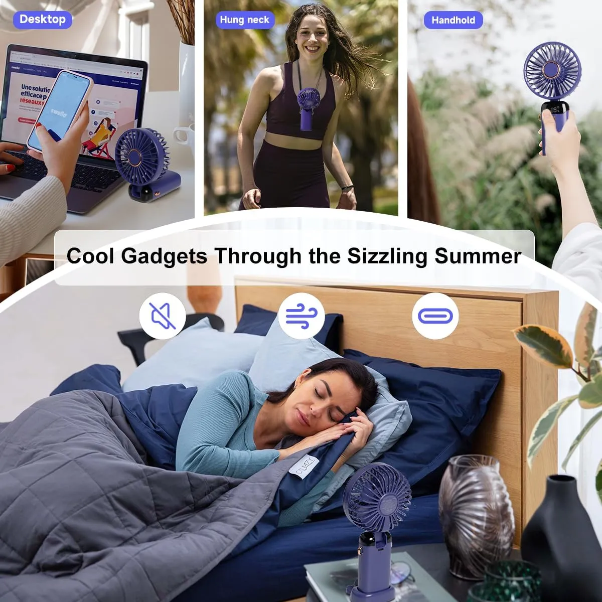 Portable Handheld Fan, 12 hours, Upgrade 3200mAh Portable Fan with LED Display, 90 Foldable, 5 Speed Wind,Hand Held/Neck/Desk 3 in 1 Personal Small Fans, Makeup Fans for Women (Purple)