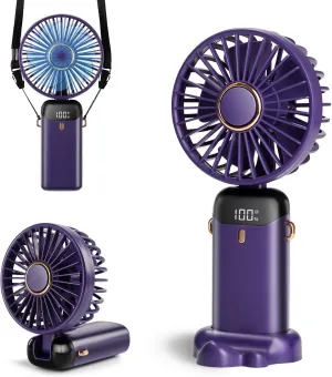 Portable Handheld Fan, 12 hours, Upgrade 3200mAh Portable Fan with LED Display, 90 Foldable, 5 Speed Wind,Hand Held/Neck/Desk 3 in 1 Personal Small Fans, Makeup Fans for Women (Purple) Neck fan for hands-free comfort