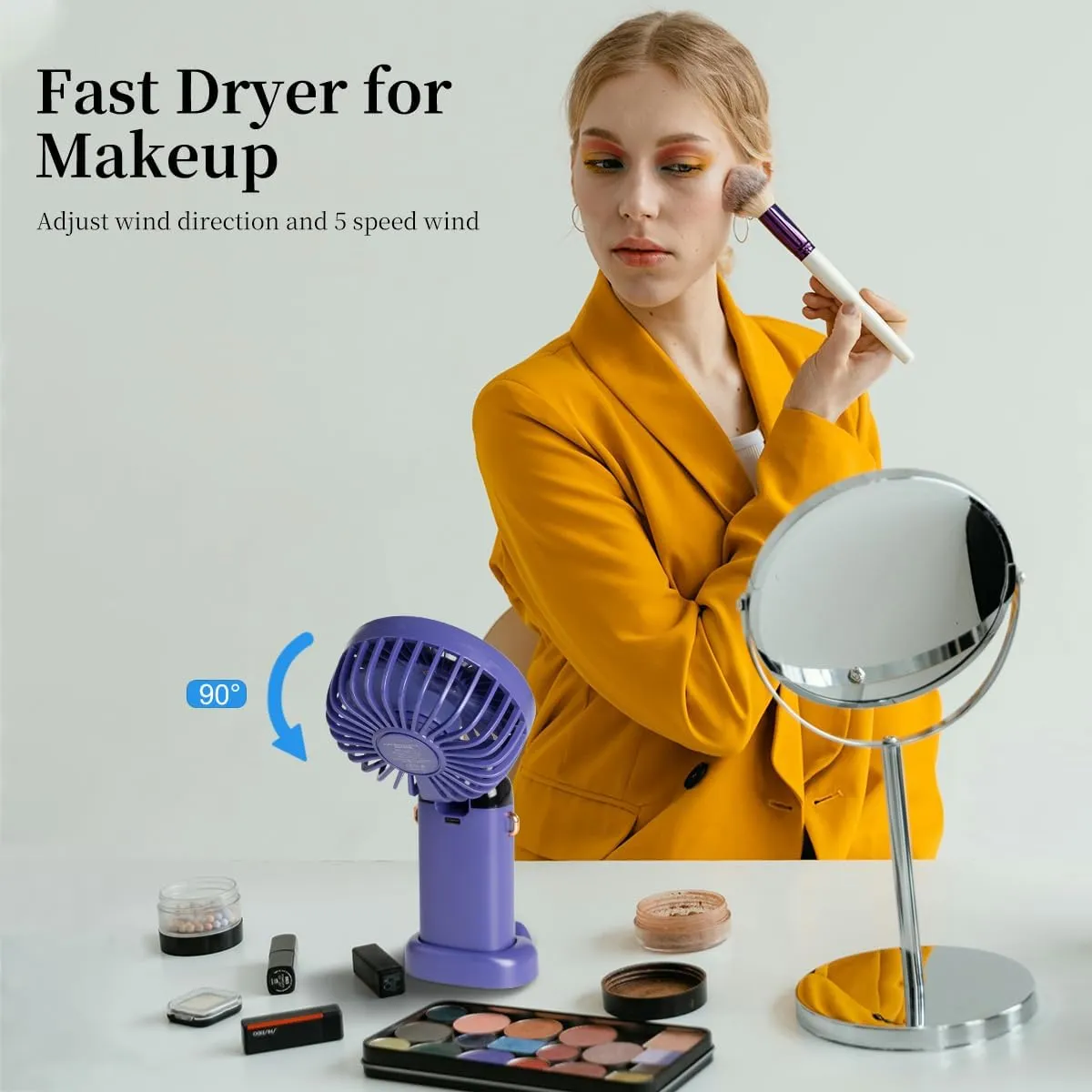 Portable Handheld Fan, 12 hours, Upgrade 3200mAh Portable Fan with LED Display, 90 Foldable, 5 Speed Wind,Hand Held/Neck/Desk 3 in 1 Personal Small Fans, Makeup Fans for Women (Purple)