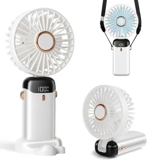 Portable Handheld Fan, 12 hours, Upgrade 3200mAh Portable Fan with LED Display, 90 Foldable, 5 Speed Wind,Hand Held/Neck/Desk 3 in 1 Personal Small Fans, Makeup Fans for Women (White) Neck fan for hands-free comfort