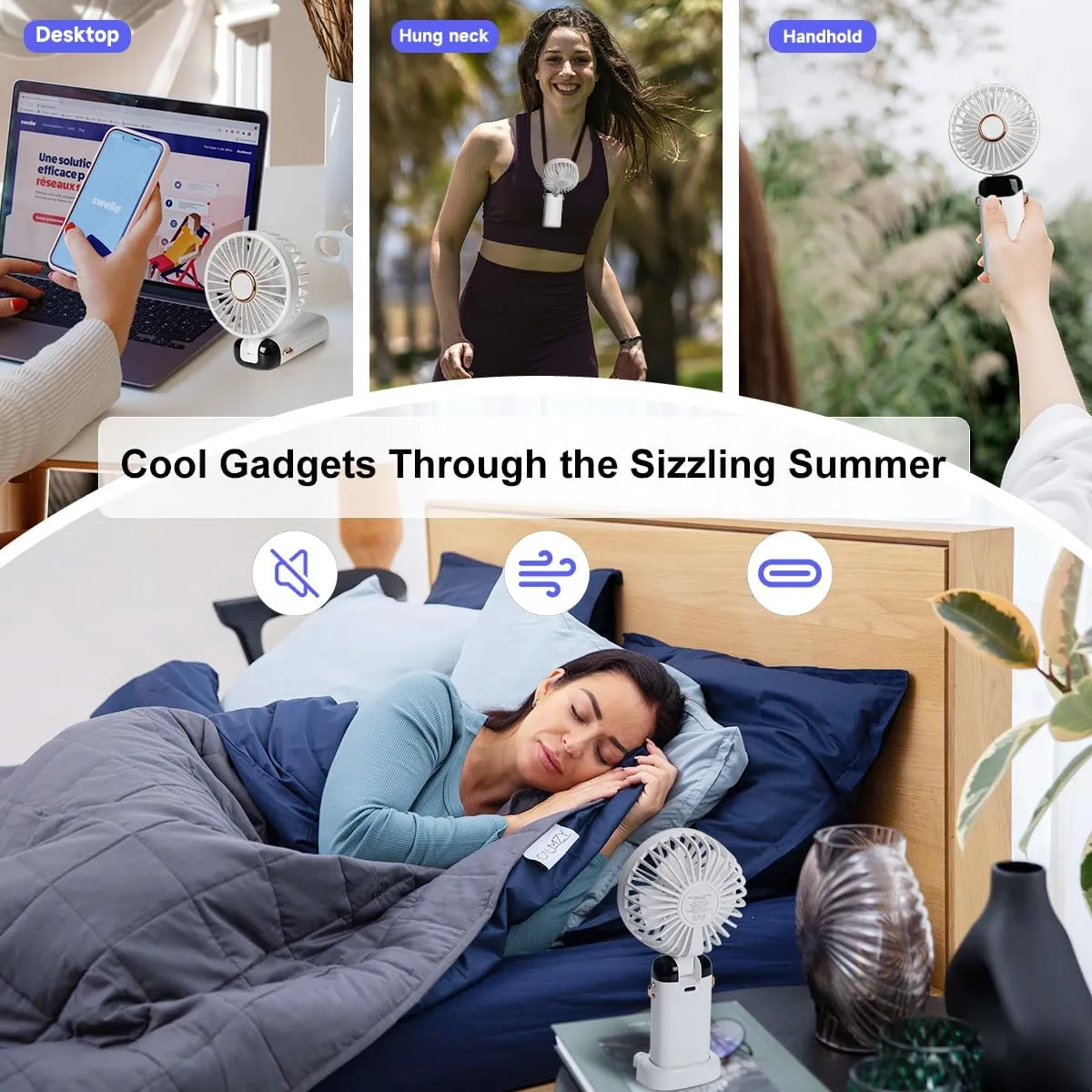Portable Handheld Fan, 12 hours, Upgrade 3200mAh Portable Fan with LED Display, 90 Foldable, 5 Speed Wind,Hand Held/Neck/Desk 3 in 1 Personal Small Fans, Makeup Fans for Women (White)