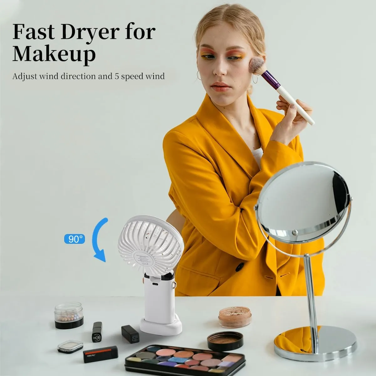 Portable Handheld Fan, 12 hours, Upgrade 3200mAh Portable Fan with LED Display, 90 Foldable, 5 Speed Wind,Hand Held/Neck/Desk 3 in 1 Personal Small Fans, Makeup Fans for Women (White)