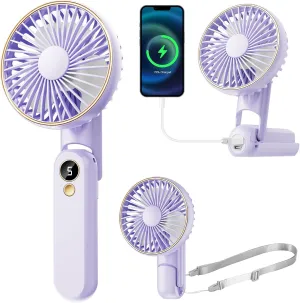Portable Handheld Fan, 180 Foldable Personal Fan, USB Rechargeable Mini Hand Fans for Travel/Summer/Outdoor/Office, 5 Speeds Adjustable, LED Display, [5-15 Working Hours],Purple Mini handheld fan for personal cooling