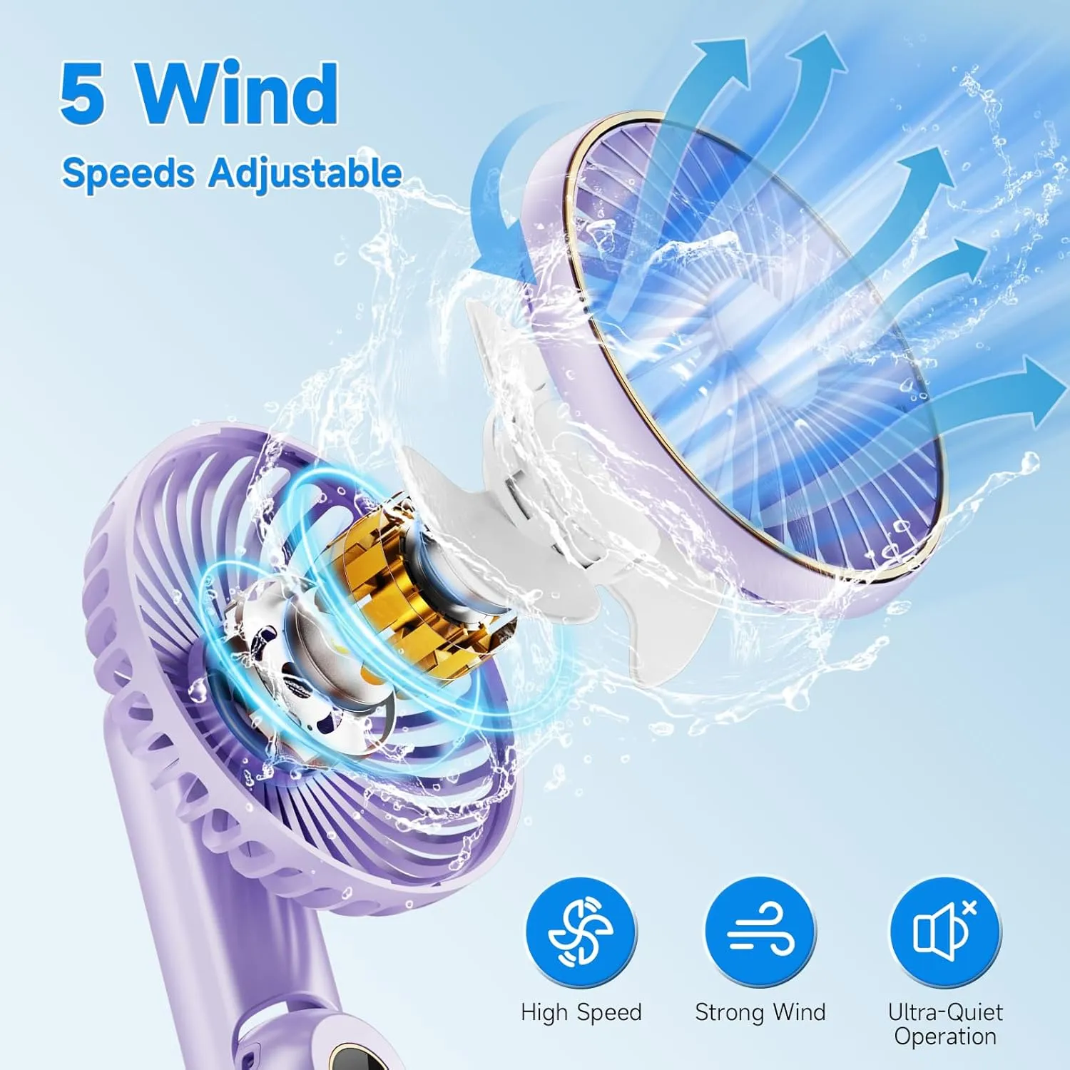 Portable Handheld Fan, 180 Foldable Personal Fan, USB Rechargeable Mini Hand Fans for Travel/Summer/Outdoor/Office, 5 Speeds Adjustable, LED Display, [5-15 Working Hours],Purple