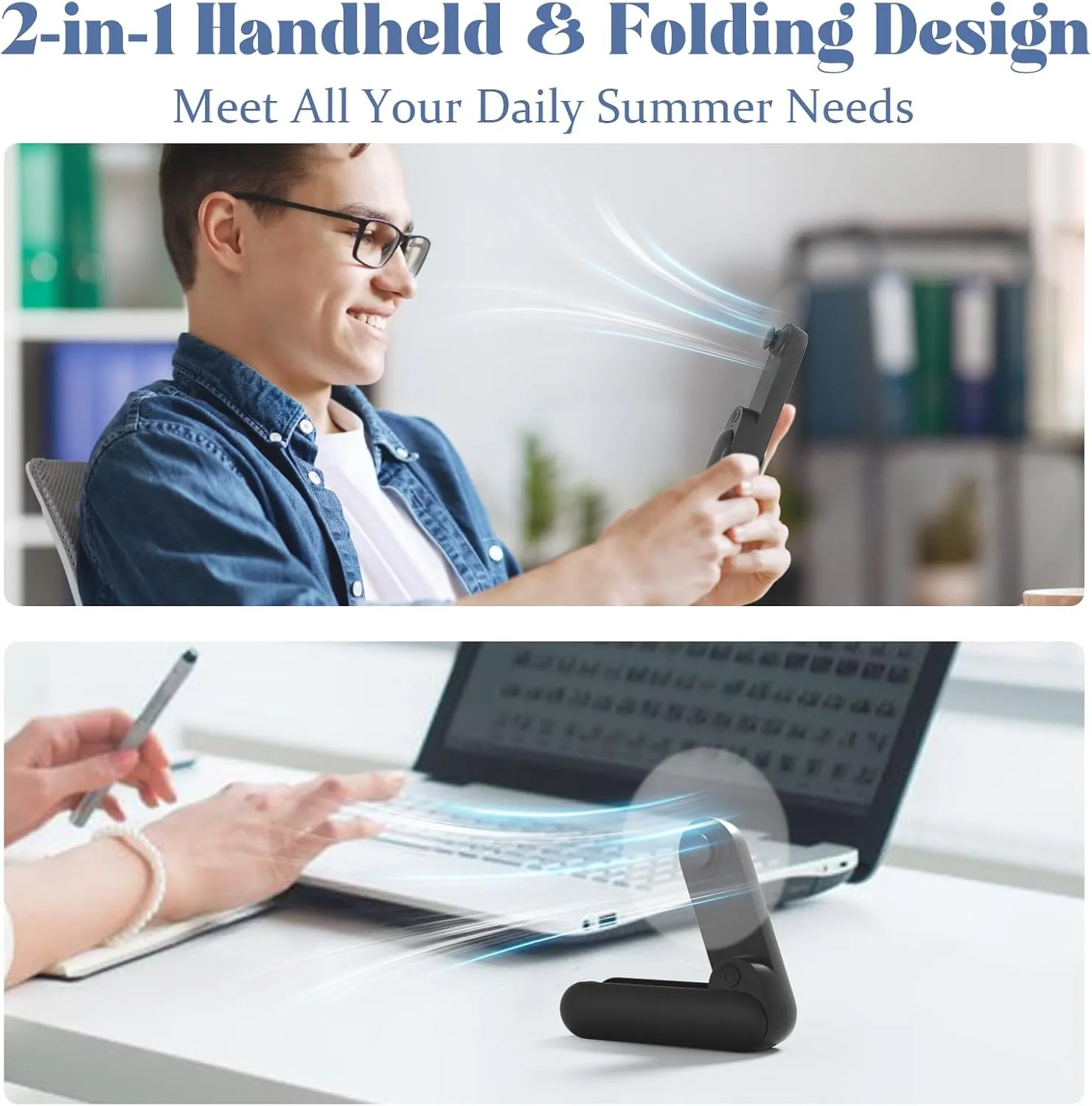Portable Handheld Fan, 2 IN 1 Mini Hand Fan, Battery Operated [8-15 Working Hours], USB Rechargeable Personal Foldable Fan for Indoor, Small Pocket Fans Travel Essentials for Outdoor (Black)