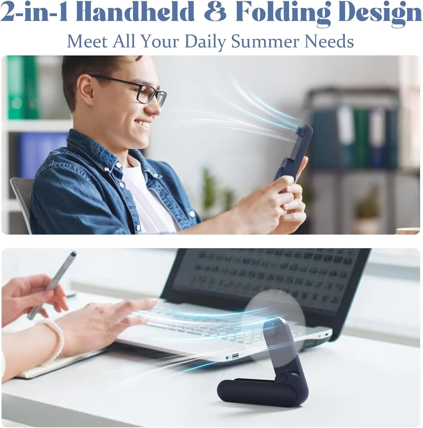 Portable Handheld Fan, 2 IN 1 Mini Hand Fan, Battery Operated [8-15 Working Hours], USB Rechargeable Personal Foldable Fan for Indoor, Small Pocket Fans Travel Essentials for Outdoor (Blue)