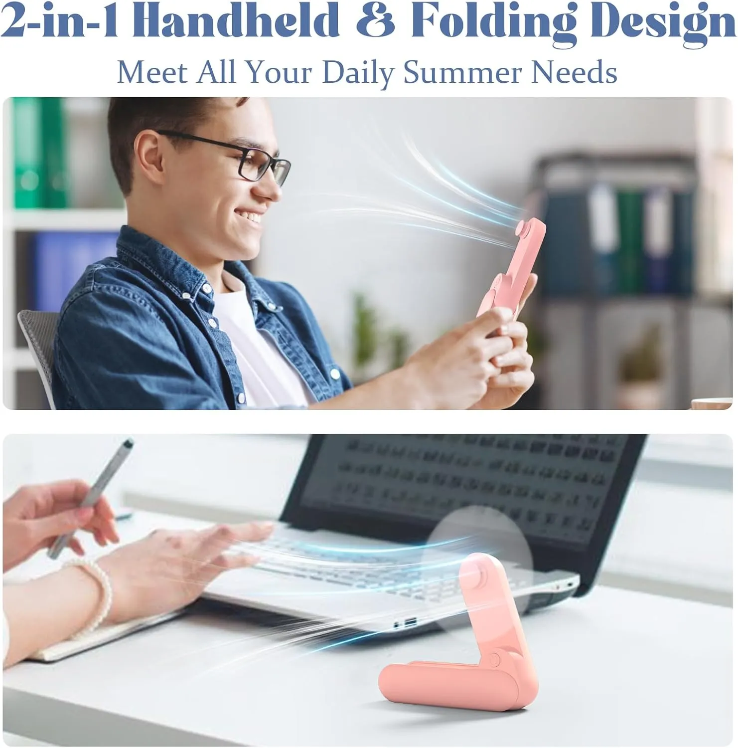 Portable Handheld Fan, 2 IN 1 Mini Hand Fan, Battery Operated [8-15 Working Hours], USB Rechargeable Personal Foldable Fan for Indoor, Small Pocket Fans Travel Essentials for Outdoor (Pink)