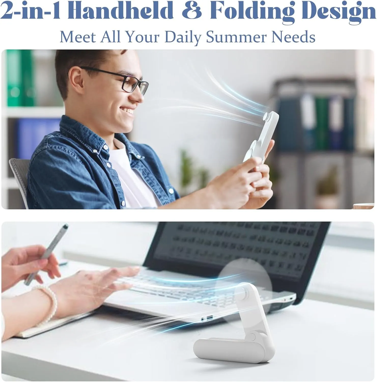 Portable Handheld Fan, 2 IN 1 Mini Hand Fan, Battery Operated [8-15 Working Hours], USB Rechargeable Personal Foldable Fan for Indoor, Small Pocket Fans Travel Essentials for Outdoor (White)