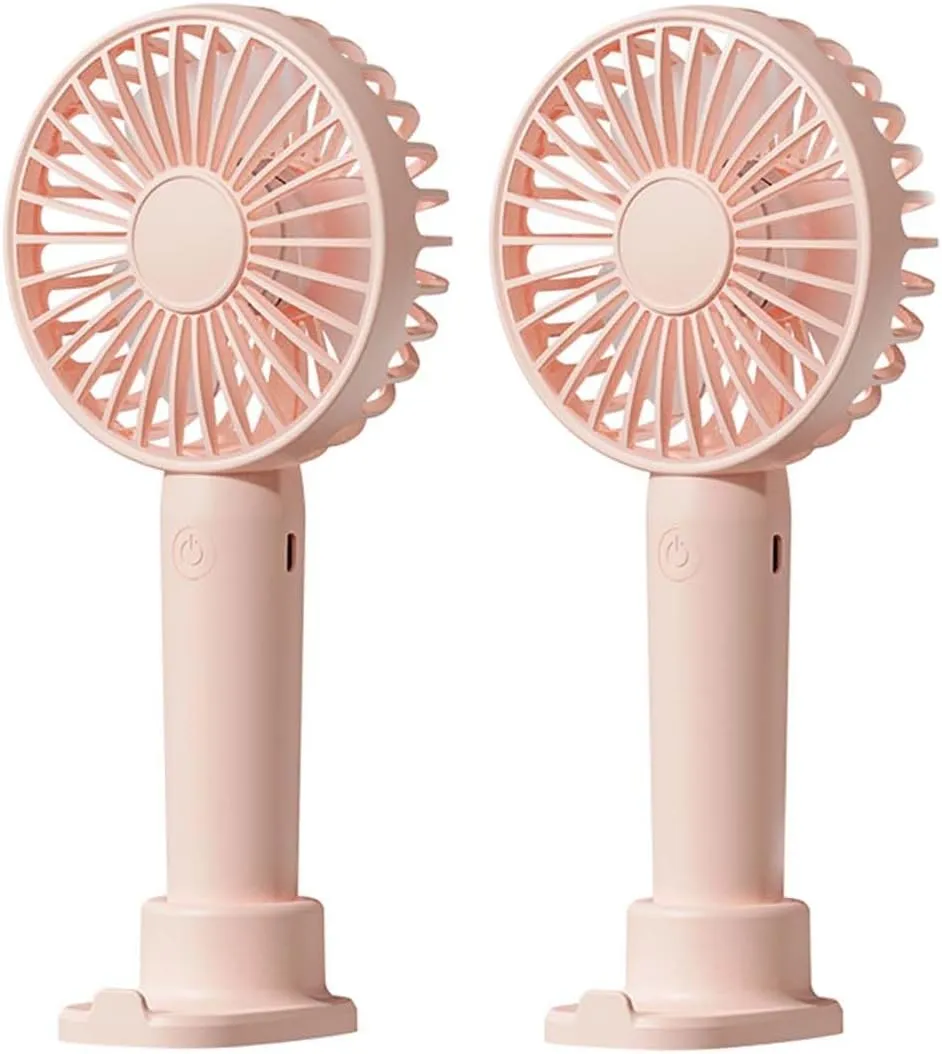 Portable Handheld Fan 2 Pack, USB Rechargeable Mini Fan, Ultra Quiet, 3 Speeds with Phone Holder Base, All Day Battery for Outdoor Indoor (Pink) Neck fan for hands-free comfort