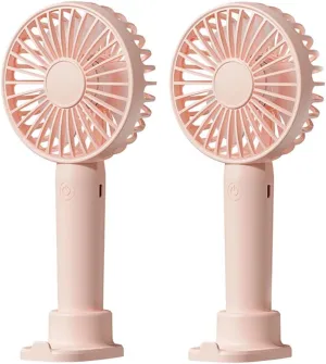 Portable Handheld Fan 2 Pack, USB Rechargeable Mini Fan, Ultra Quiet, 3 Speeds with Phone Holder Base, All Day Battery for Outdoor Indoor (Pink) Neck fan for hands-free comfort