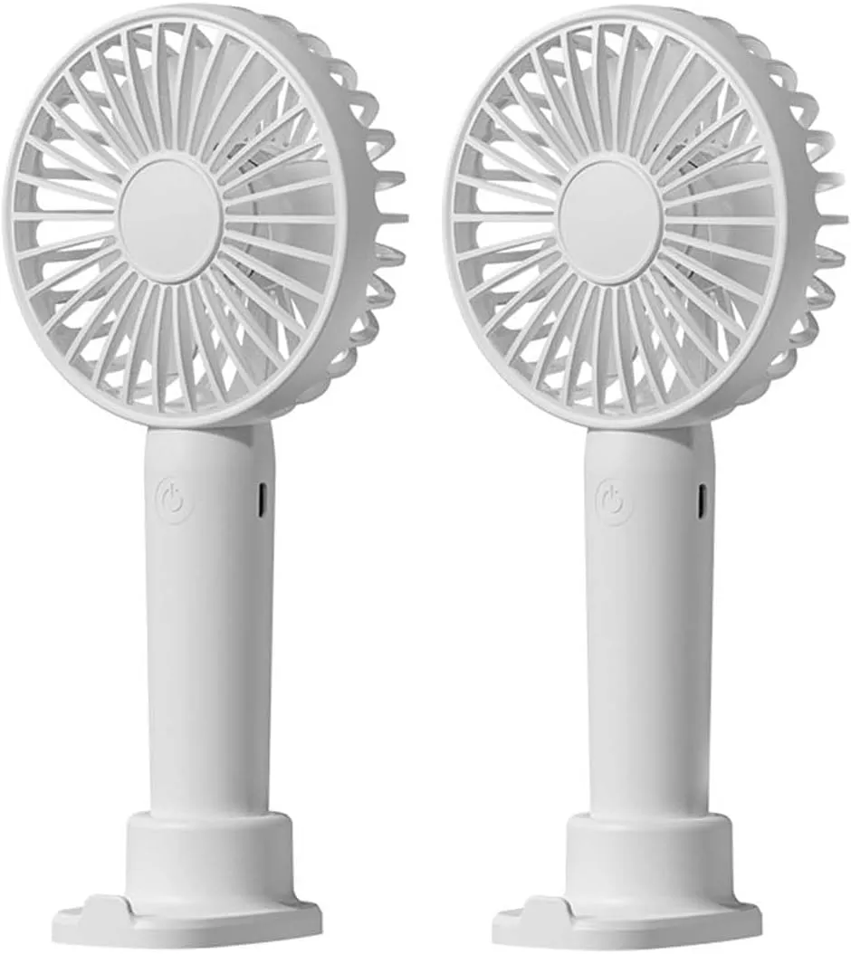Portable Handheld Fan 2 Pack, USB Rechargeable Mini Fan, Ultra Quiet, 3 Speeds with Phone Holder Base, All Day Battery for Outdoor Indoor (White) Neck fan for hands-free comfort
