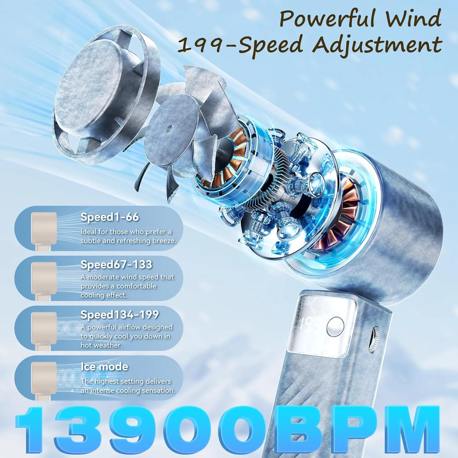 Portable Handheld Fan [24H Max Cooling], Turbo Fan Foldable with USB Rechargeable, 1-199 Speed, LED Power Display, Small & Lightweight for Travel/Beach/Camping, Summer Essential Gift for Women Men