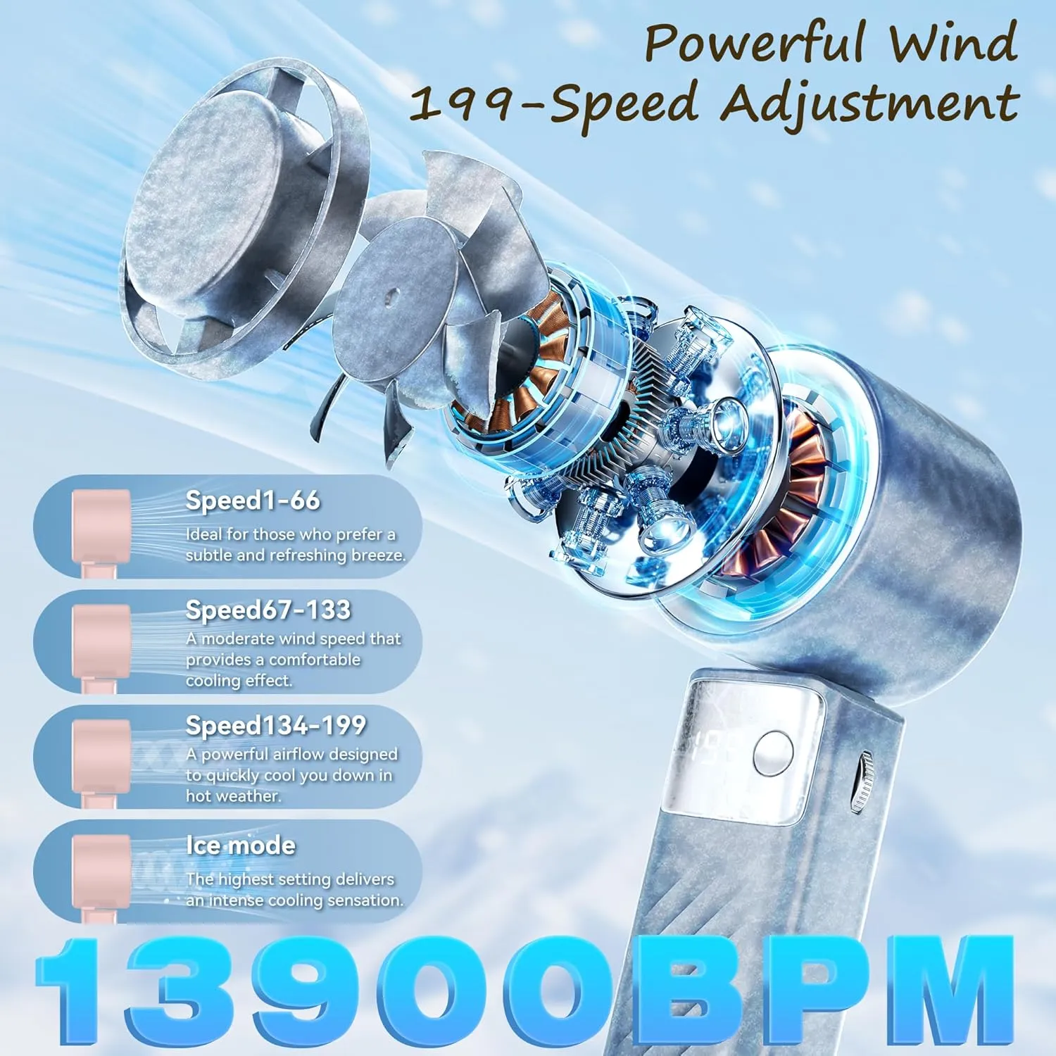 Portable Handheld Fan [24H Max Cooling], Turbo Fan Foldable with USB Rechargeable, 1-199 Speed, LED Power Display, Small & Lightweight for Travel/Beach/Camping, Summer Essential Gift for Women Men
