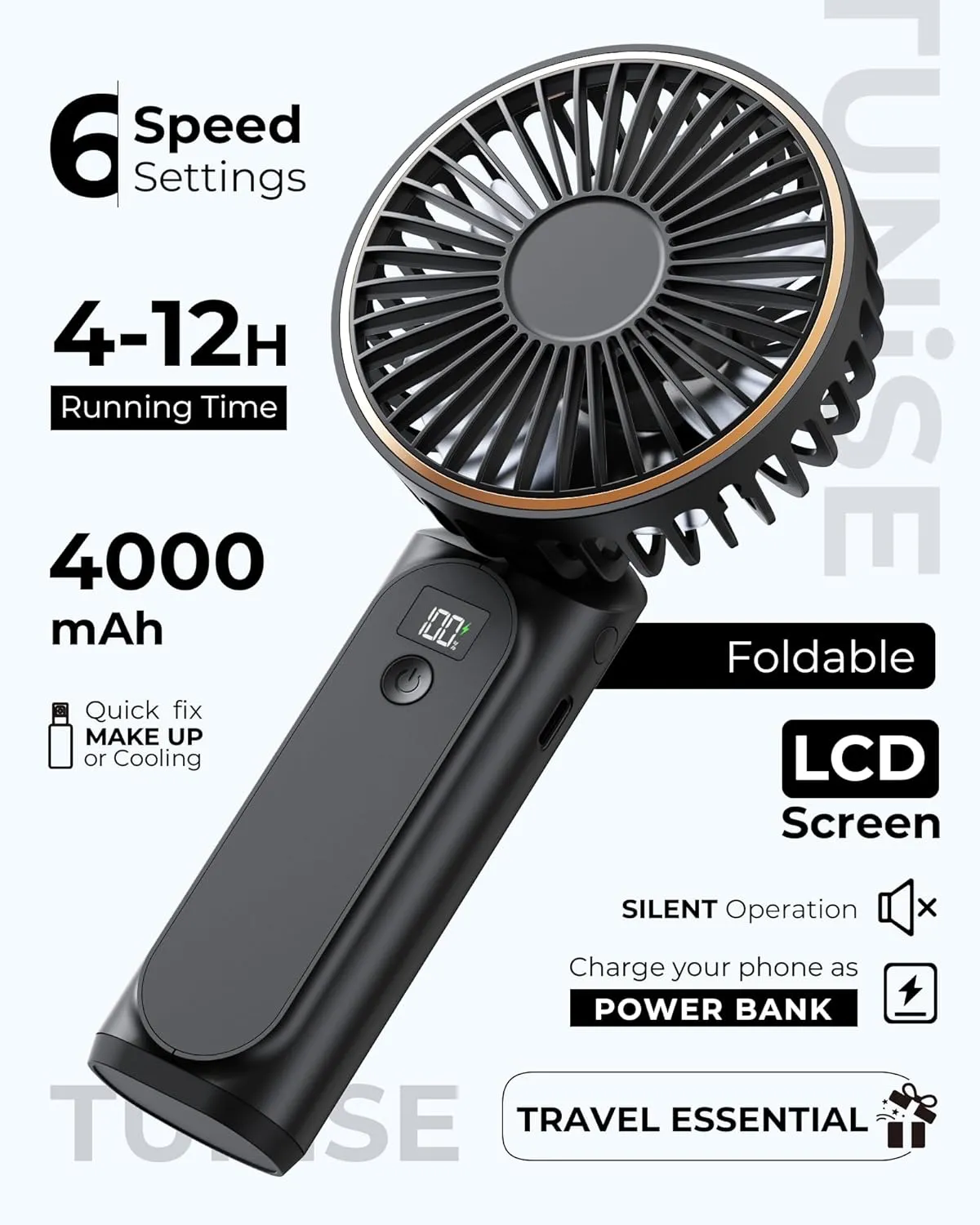 Portable Handheld Fan, 4000mAh, 180 Adjustable, 6 Speed Wind, Display Electricity in Real Time, USB Rechargeable Foldable Personal Fan