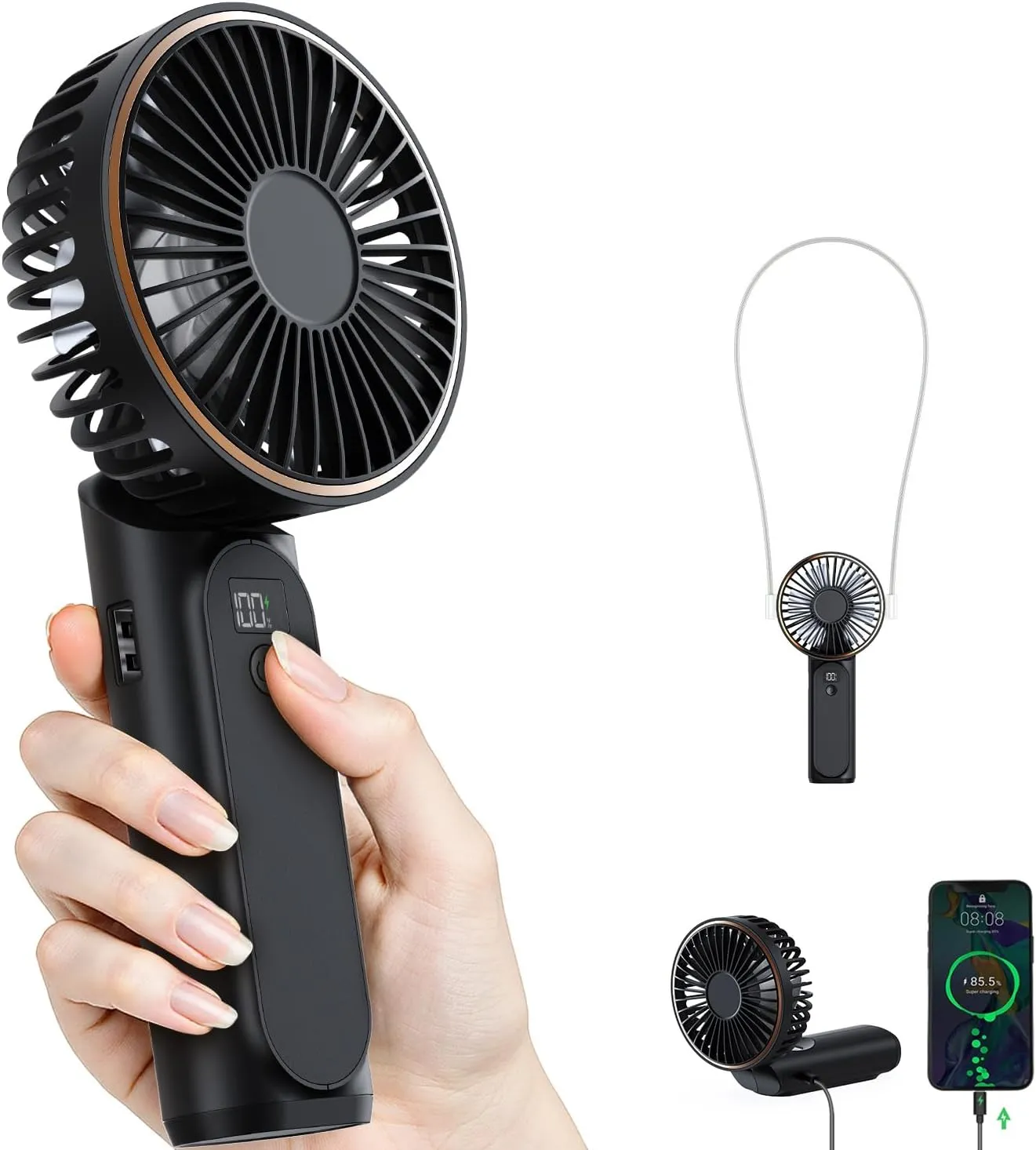 Portable Handheld Fan, 4000mAh, 180 Adjustable, 6 Speed Wind, Display Electricity in Real Time, USB Rechargeable Foldable Personal Fan Waist-mounted portable fan for outdoor use