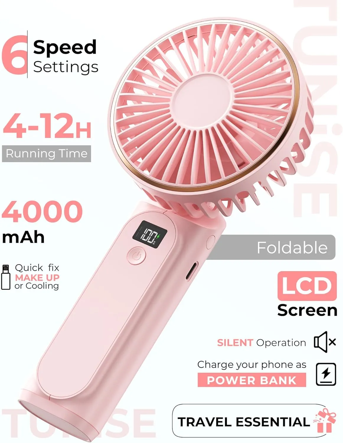 Portable Handheld Fan, 4000mAh, 180 Adjustable, 6 Speed Wind, USB Rechargeable Foldable Fan with Real-Time Display