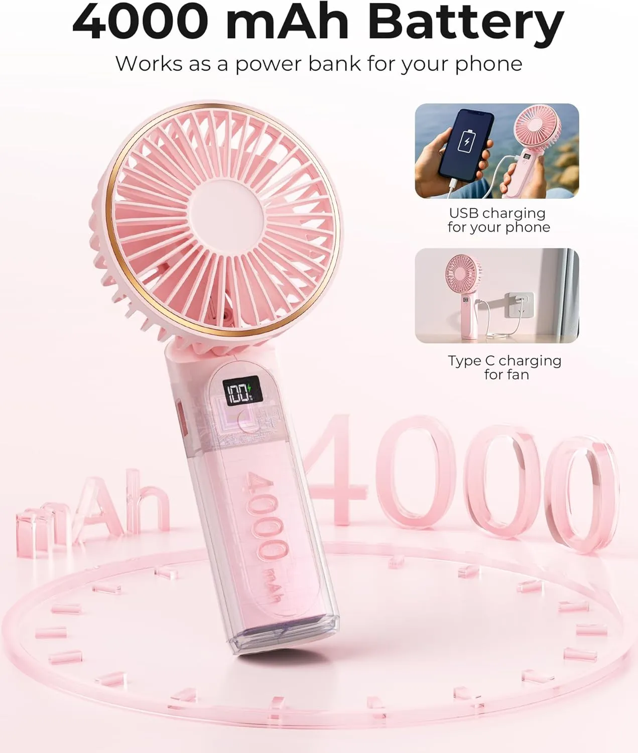 Portable Handheld Fan, 4000mAh, 180 Adjustable, 6 Speed Wind, USB Rechargeable Foldable Fan with Real-Time Display